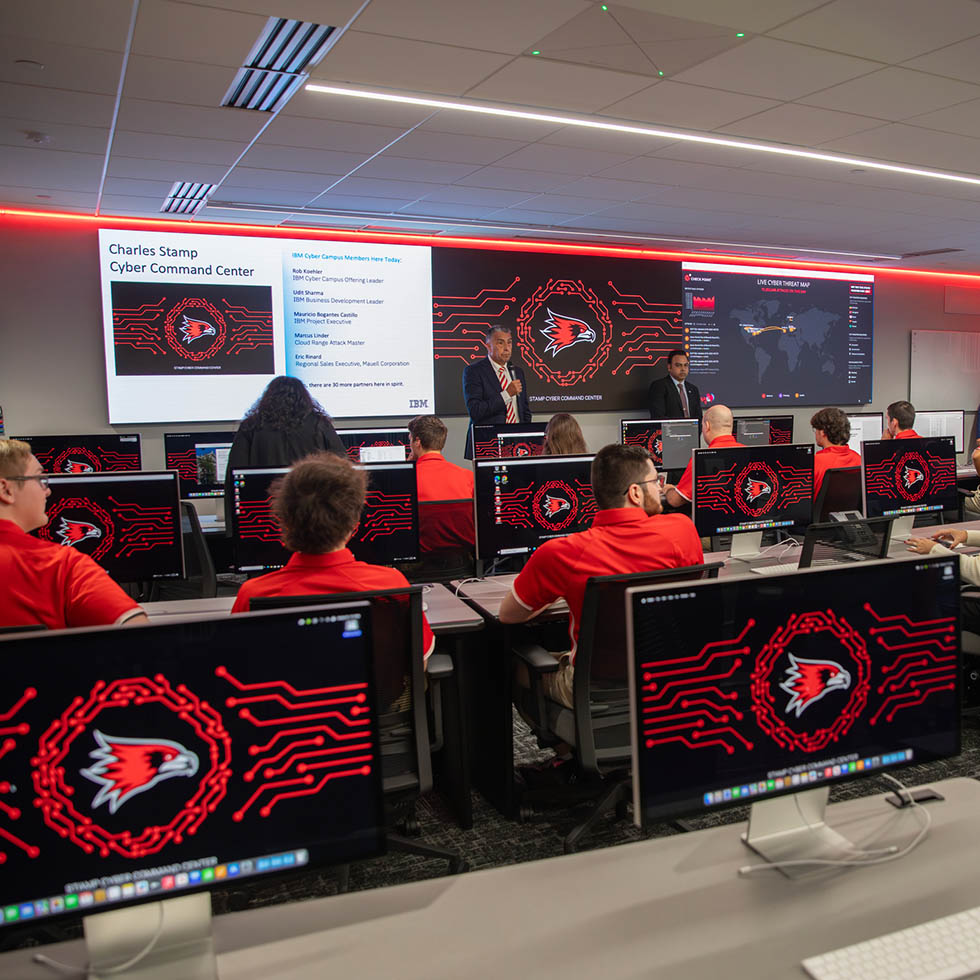 Students and community members work inside the stamp cyber command center at southeast missouri state university