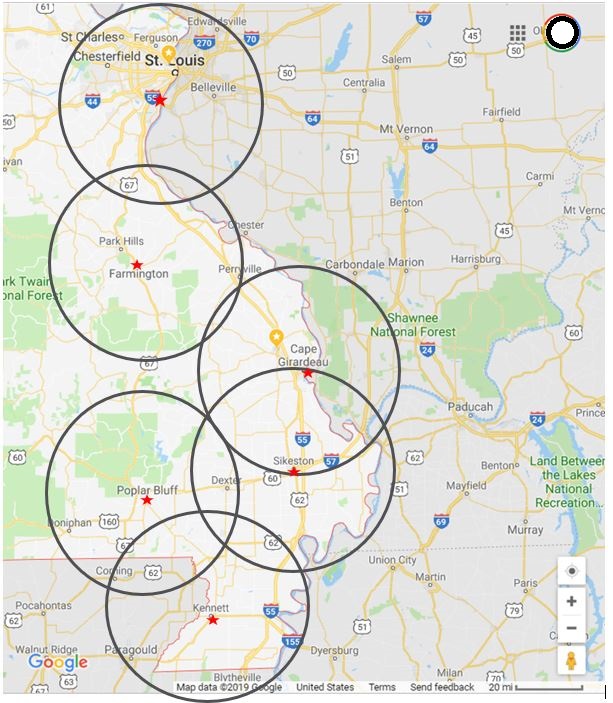 map of student teaching zones with circles around St Louis, Farmington, Cape Girardeau, Sikeston, Kennett and Poplar Bluff