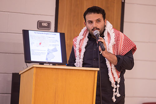 During international week, a student gives a presentation on the country Jordan.