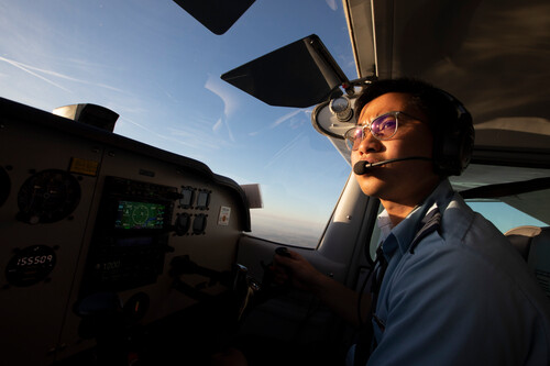 student in aviation program flying in SEMO plane as a type of experiential hands on learning