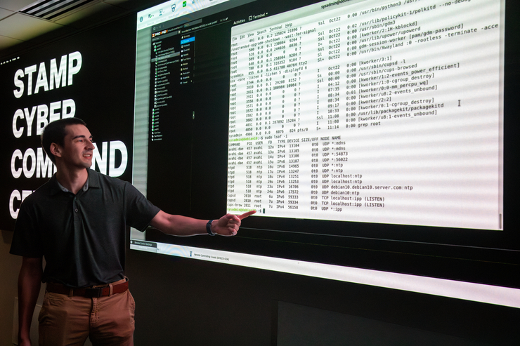cybersecurity major student presenting in cybercommand center preparing for future of cybersecurity jobs
