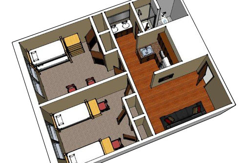 a sample floor layout of a student's dorm room in dobbins hall, it is suite-style with two bedrooms, a shared bathroom and kitchenette