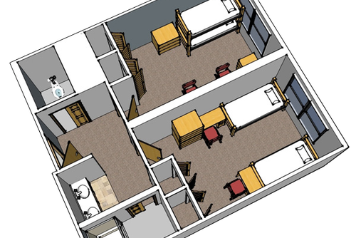 This graphic shows how the layout of each LaFerla room is furnished, and shares double sinks and bathroom facilities.