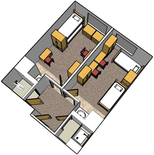 graphic of merick floorplans where roommates have their own bed, desk, clothing storage, and share a sink. Suitemates share a bathroom.  