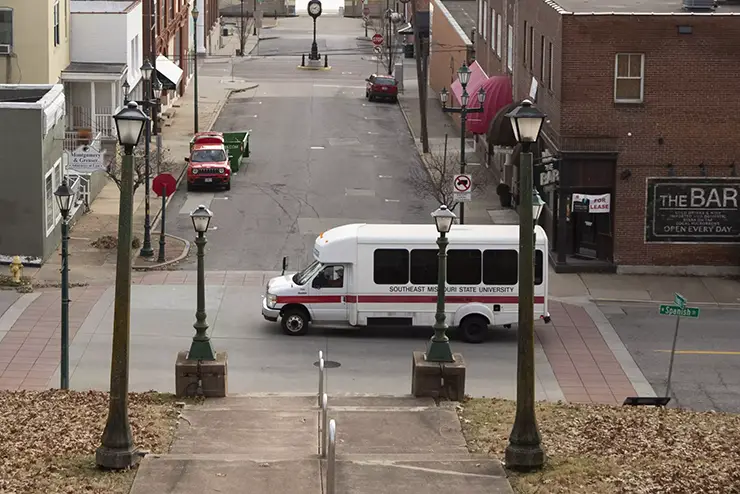 A SEMO Shuttle drives the street in downtown cape Girardeau