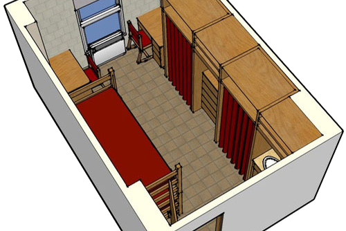 Layout of a corner room in towers east where a sink and clothing storage line one side of a room. Desks and bunk beds are also included. 