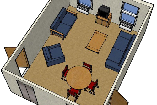 layout of the floor lounge area in towers east includes a table with chairs, upholstered lounge seating, TV and elevator access. 