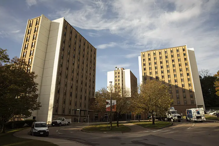 a view looking up at two of the buildings in the Towers Complex of residence halls at SEMO