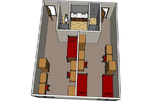 Layout of a Two double rooms with separate entrances, are connected by a bathroom to make a 4-person suite. 