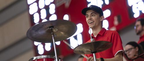 One of the members of the Southeast Marching Band Show Band plays the drums at the Show Me Center.
