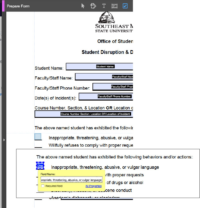 screenshot of adding new checkboxes to form in Adobe Acrobat