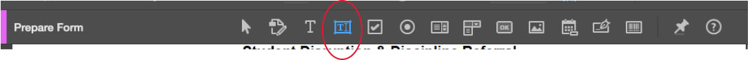 screenshot of Acrobat Prepare Form toolbar with text box tool circled