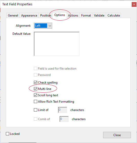 screenshot of text box options dialog with "Multi-line" selected