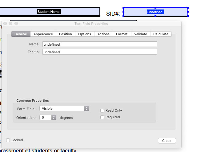 screenshot of Adobe Acrobat field properties demonstrating naming the field