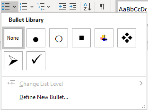 screenshot of Microsoft Word's bullet library