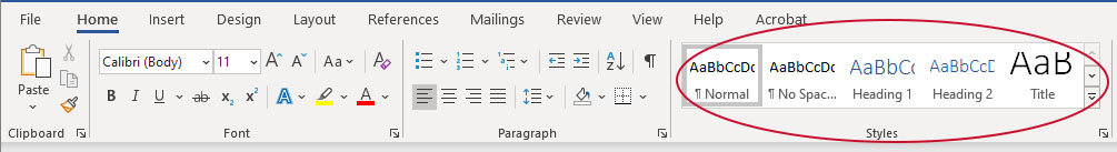 screenshot of the Microsoft Word tool ribbon with the headings panel circled