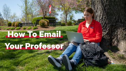 SEMO student sitting under a tree on the grass, working on their laptop with a focused expression. The text overlay reads, 'How to Email Your Professor.'
