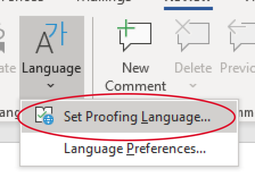 screenshot of Microsoft Word tool ribbon with language options open