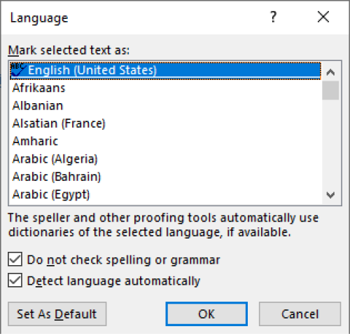 screenshot of Microsoft Word language selection dialog