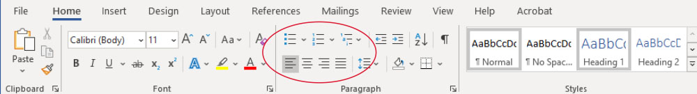 screenshot of the Microsoft Word tool ribbon with the lists panel circled