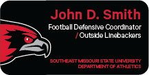 black name tag for SEMO athletics with name, title and department, redhawk hed to the left and 'department of athletics'  across the bottom