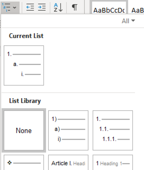 screenshot of Microsoft Word's bullet styles library