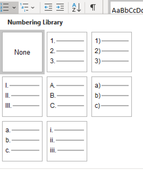 screenshot of Microsoft Word's numbering list library