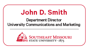 SEMO nametag with name, title, and department listed with redhawk head to the left and the Southeast logo across the bottom