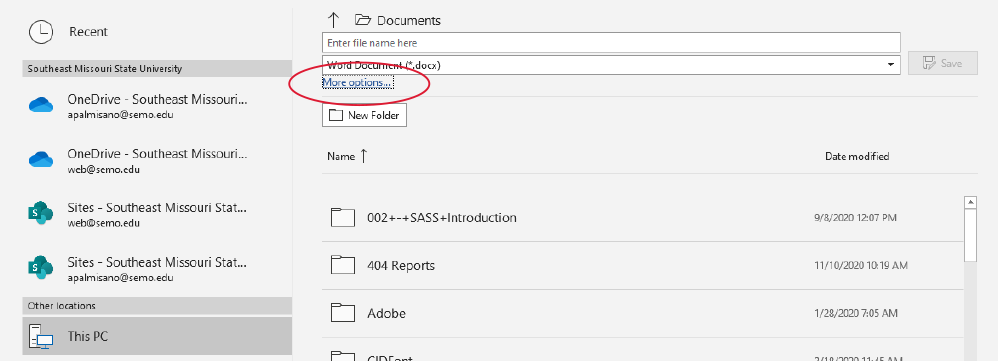 screenshot of saving diaglog in Microsoft Word on a Windows computer with "More Options" circled