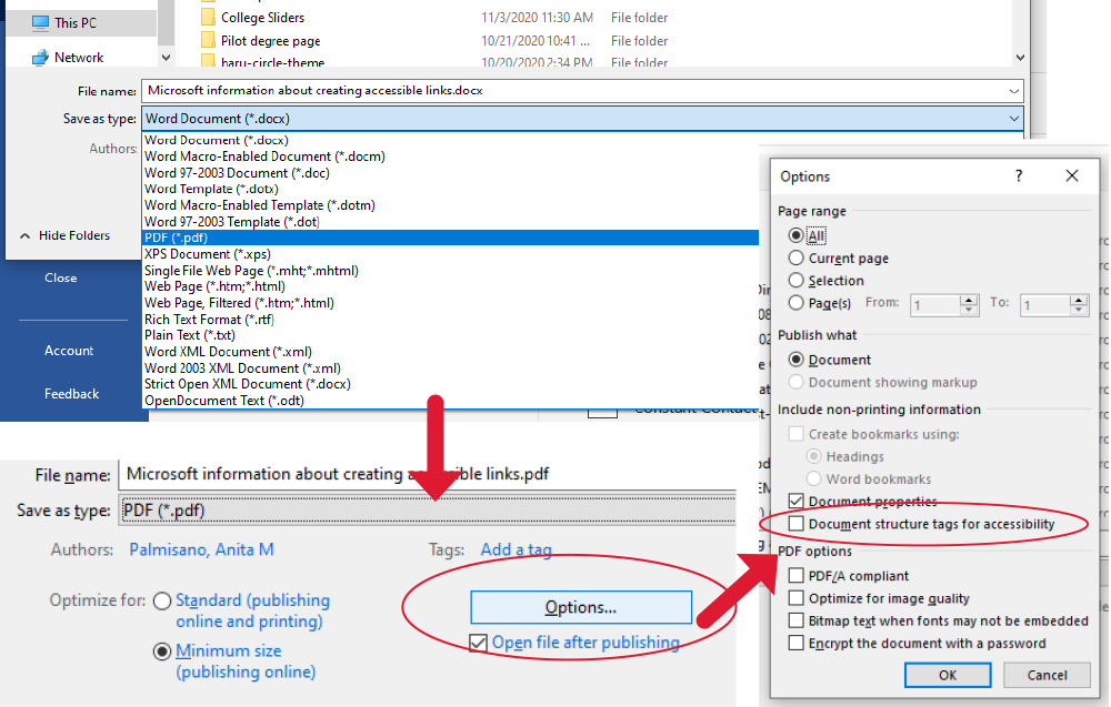 screenshot of saving process in Microsoft Word to presever document tagging in a PDF