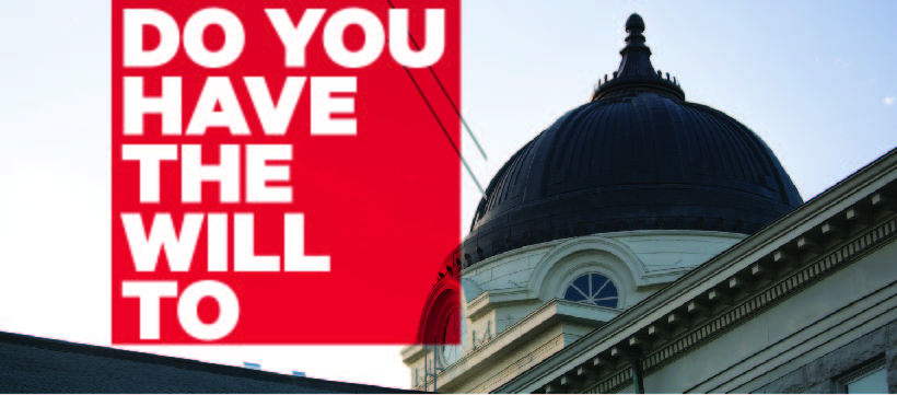 academic hall dome with a transparent red block overlaid bearing the text "do you have the will to"