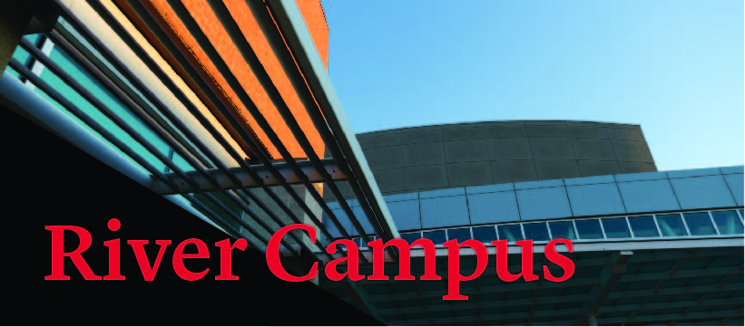 view from beneath the awning to the river campus cultural arts center featuring the text "River Campus"