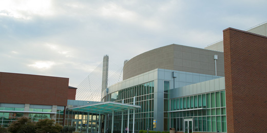 a wide view of the front of the river campus cultural arts center