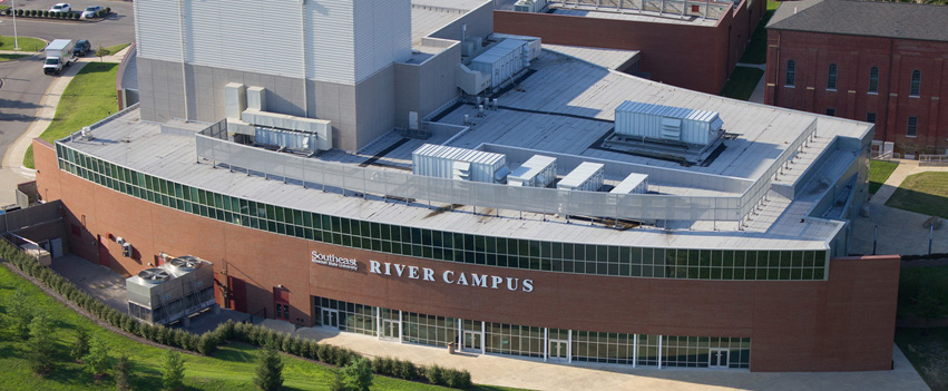 aerial view of the River Campus building