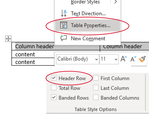 screenshot of the right click menu for tables in Microsoft Word demonstrating selecting a header row