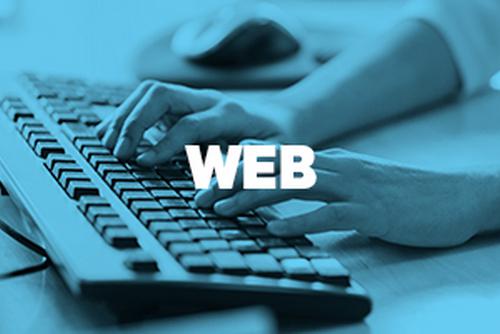 Hands typing on a keyboard with a blue overlay and text saying WEB