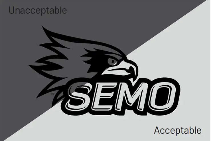 a visual example of unacceptable and acceptable placement of the black spirit logo on a colored background