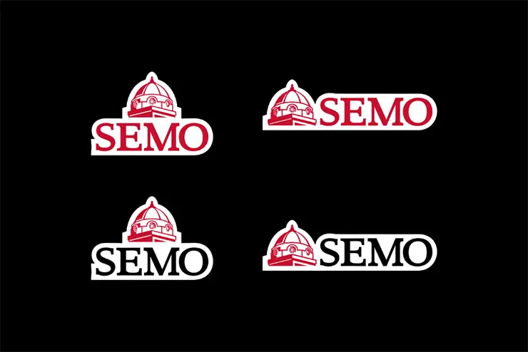 a visual example of acceptable uses of the SEMO supergraphic against a black background 