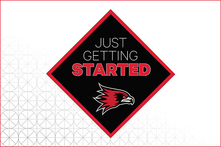 Graduation Cap Design that reads: "JUST GETTING STARTED", accompanied by the Redhawk logo below the text.
