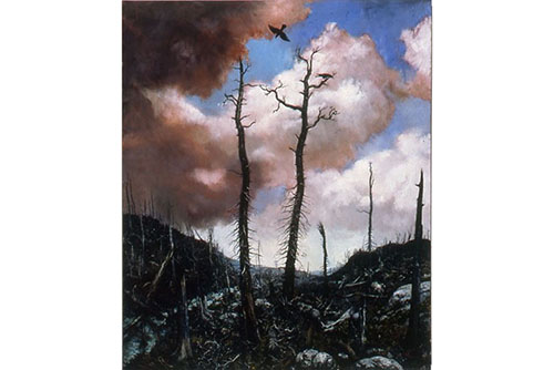 artwork featuring two dead trees spear up into a smokey sky, the ground is charred and black