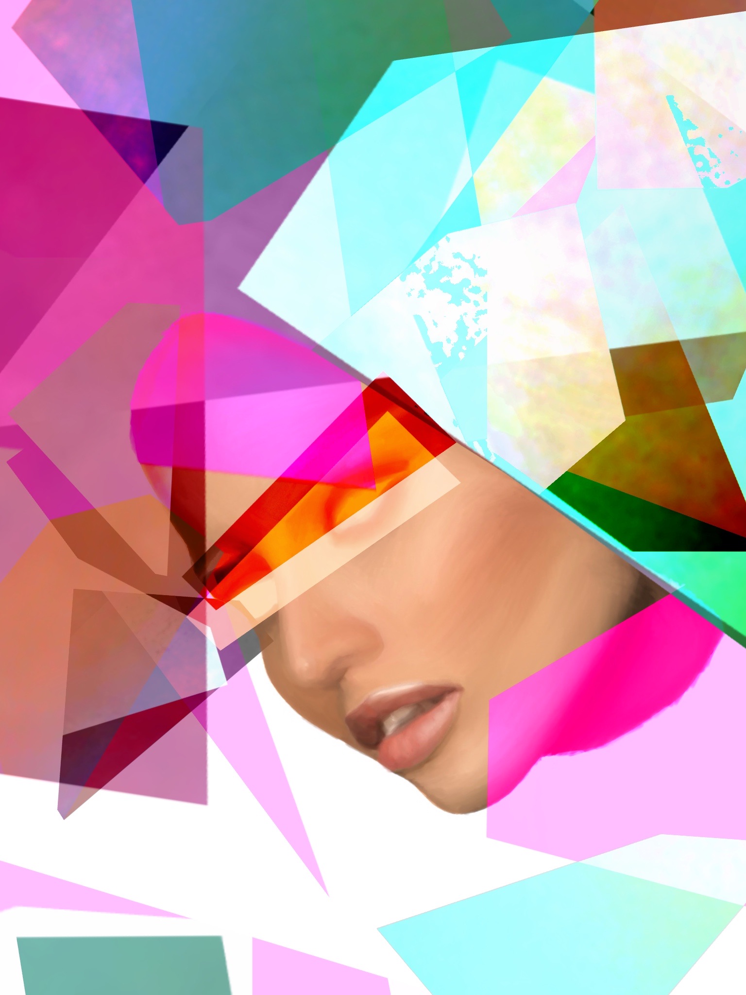 Abstract drawing of a woman's face with various colors.