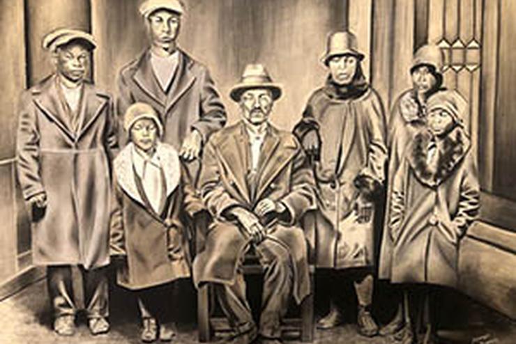 a sephia monochrome pastel drawing of a family portrait