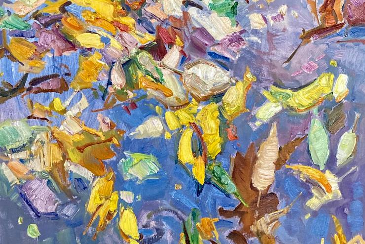 a colorful, midlly abstract painting of flower petals against a blue sky