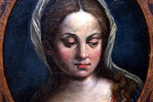 Oil painting of a young woman with brown hair and a head covering. She has a round face and rosy cheeks. 