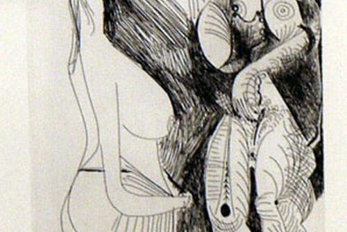 Black and white etching composed of black lines in contour and line hatching of loose human figures 