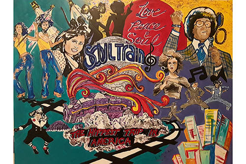 a colorful drawing featuring soultrain imagery of a train, people of color and text