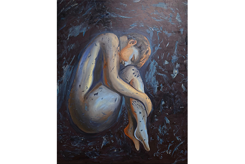 A canvas painting of a naked body curled up in shades of blue.