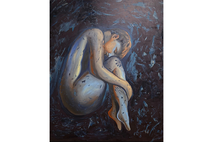 A canvas painting of a naked body curled up in shades of blue.