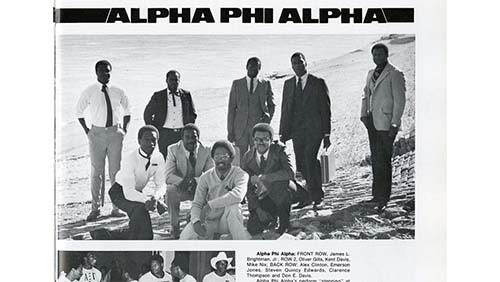 Image of eight alumni of Alpha Phi Alpha Xi Gamma Chapter.