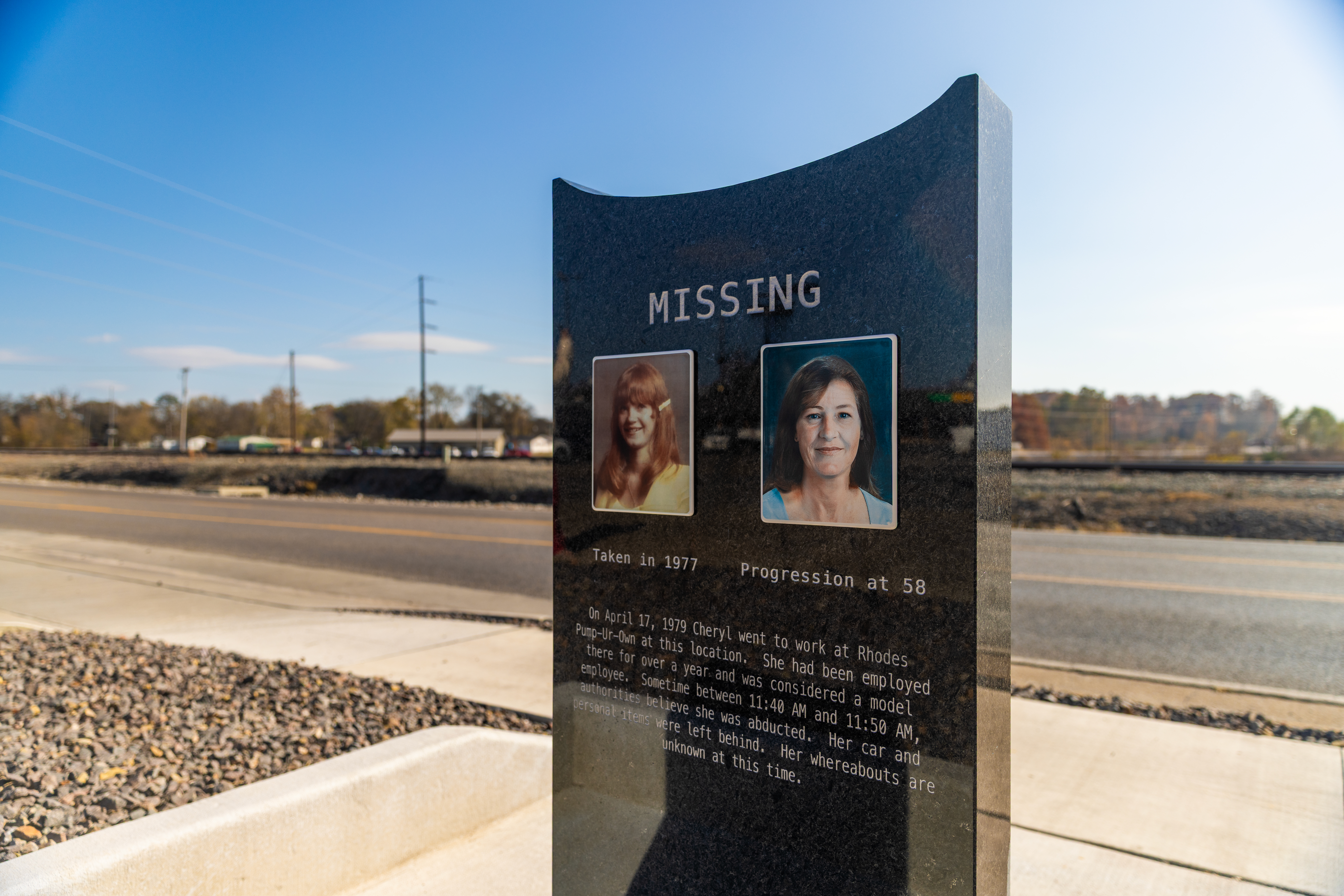 A photo of the remembrance marker at the site where Cheryl was last seen.